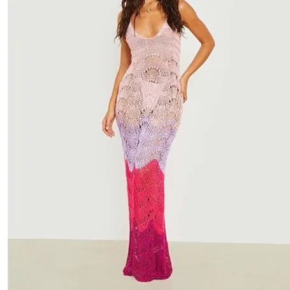 Boohoo Pink to Purple Ombre Crochet Maxi Dress size Large Boho vacation cover up